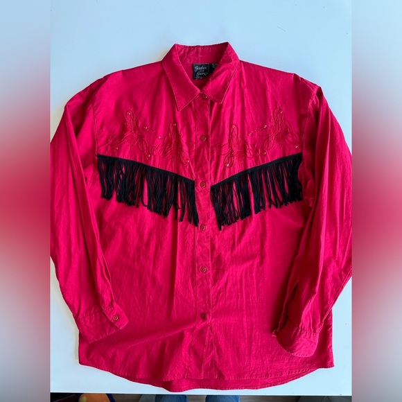 Vintage 90s gordon and james red tassel fringe Western Cowboy Embroidered Shirt - Picture 1 of 12